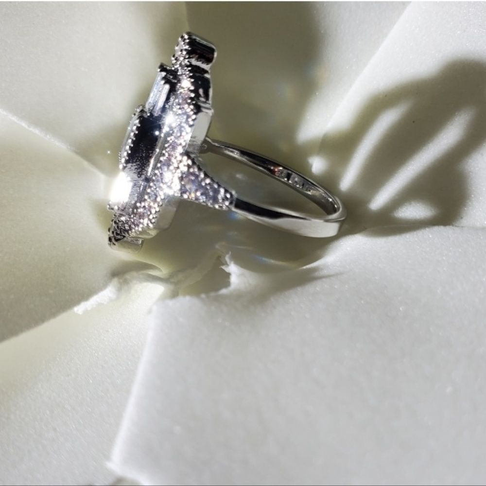Clear White Zircon & Clear White Zircon Cocktail Ring 14K on White Gold over 925 - Picture 5 of 7